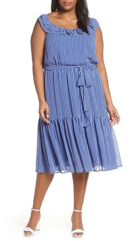 michael kors ruffled railroad stripe midi dress 